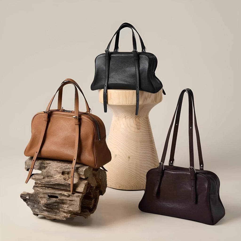 Women's retro genuine leather shoulder bag in horizontal square design with dual straps