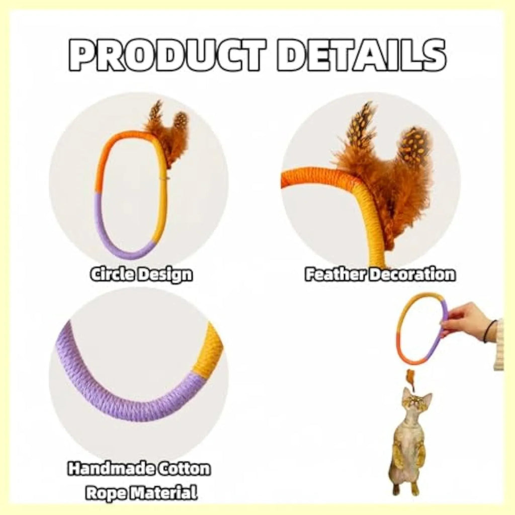 Green cotton rope circular cat toy with feathers and catnip for dental chewing play