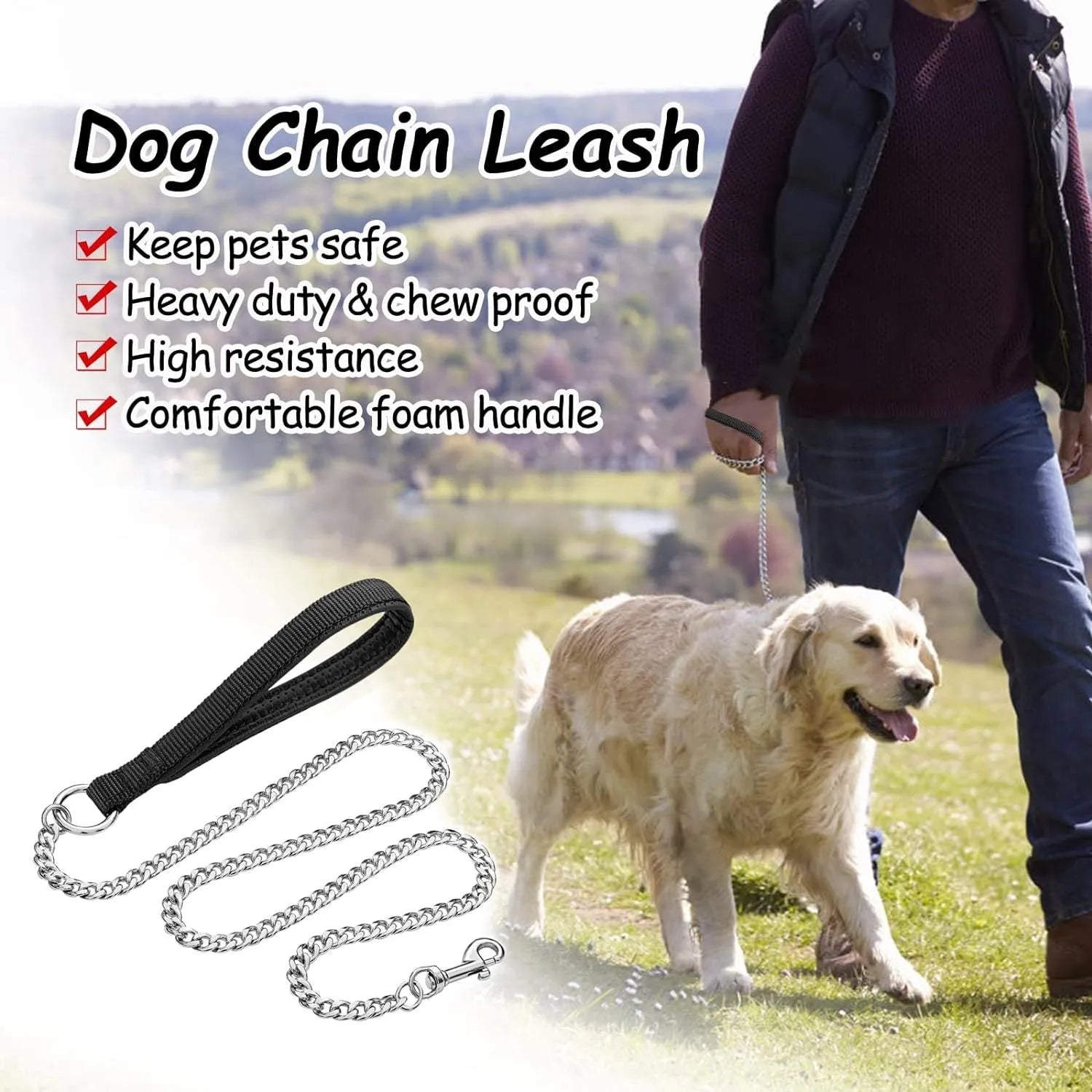 Heavy duty metal dog chain leash with a soft black padded handle, shown in red.