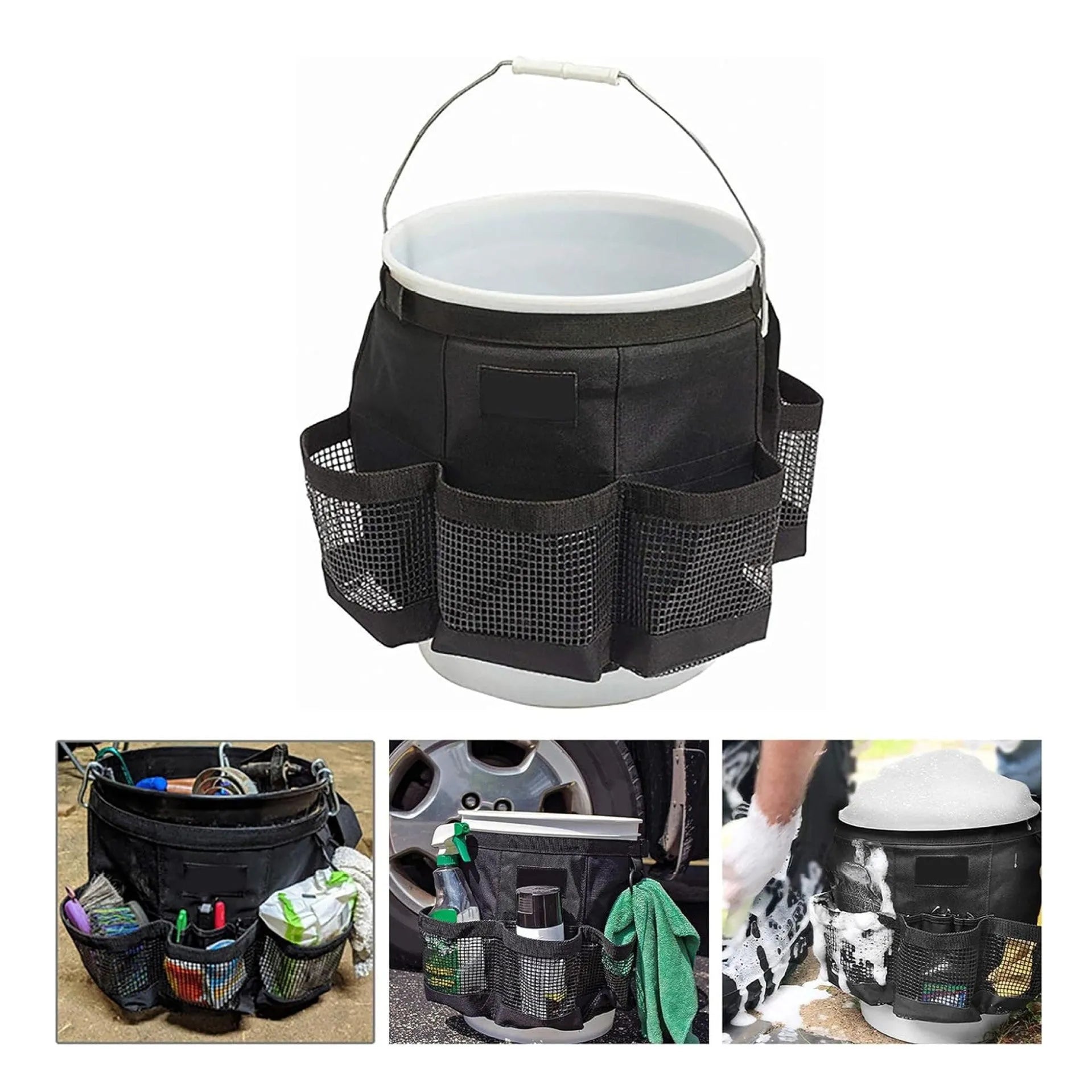 Black cylindrical polyester storage bag mounted on 5 gallon barrel for car washing and fishing gear organisation