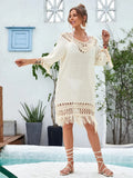 Women's apricot coloured hand-crocheted beach dress with loose free size fit for swimming.