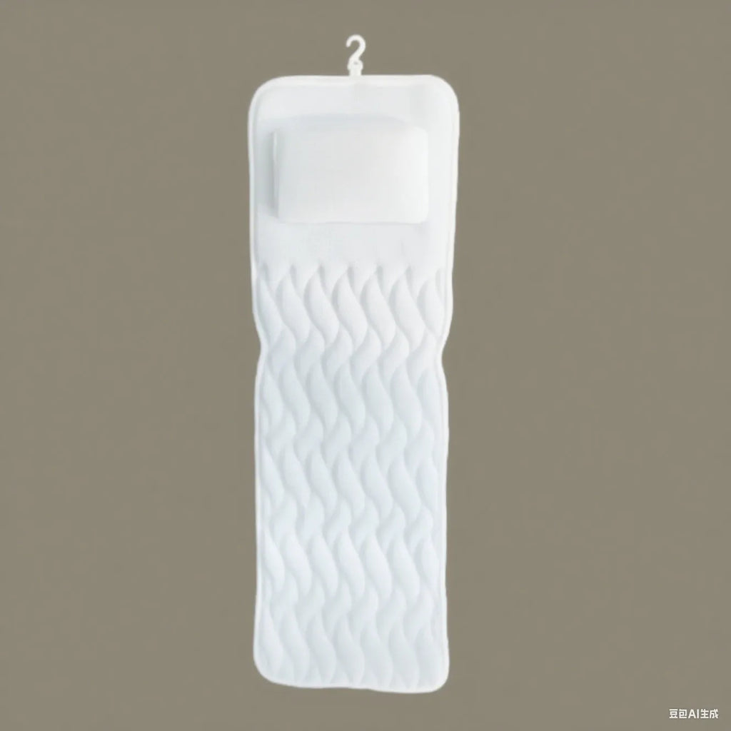 White bathtub pillow with 3D mesh material and suction cups for bathroom use