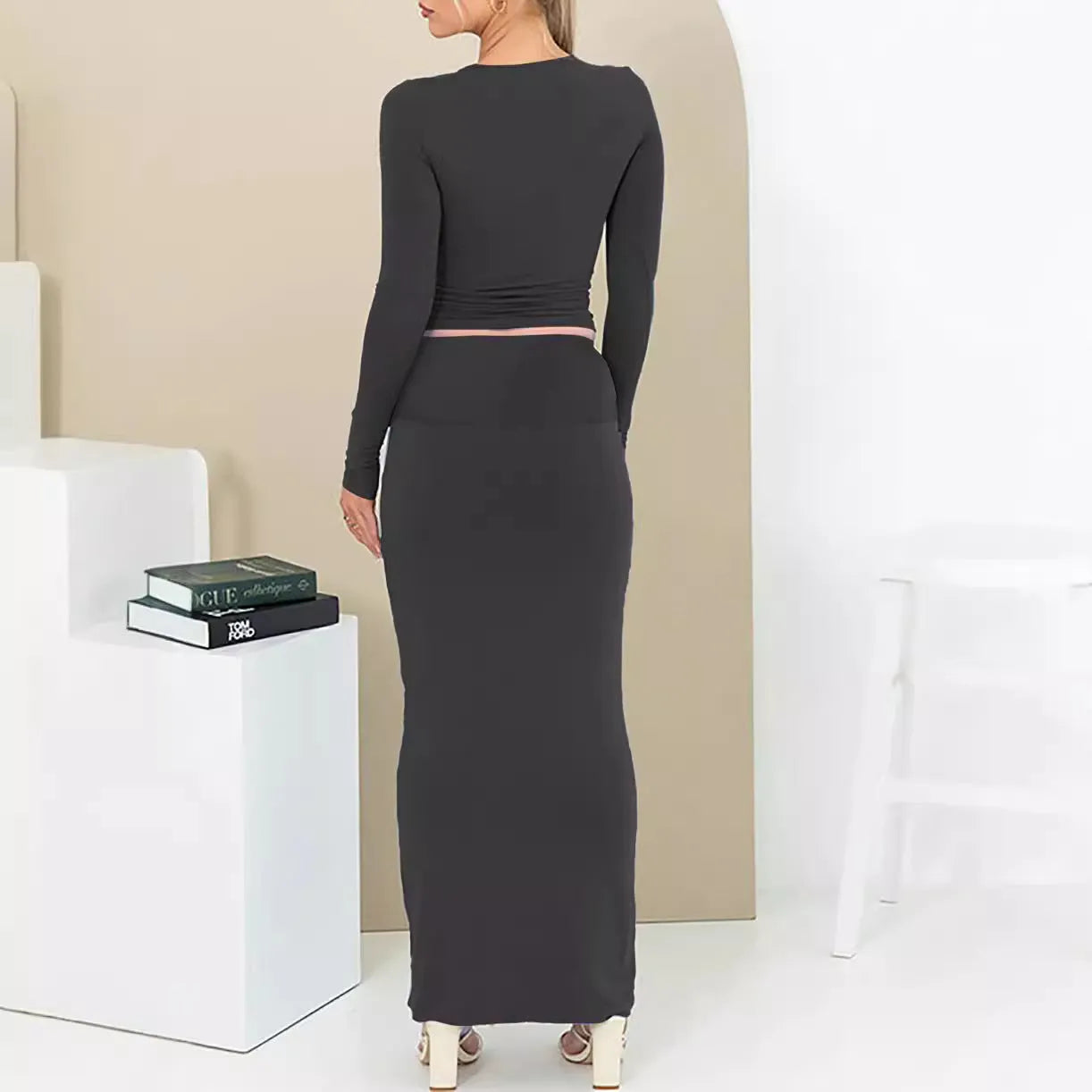 Women's sweet style polyester two-piece suit set with crop top and long skirt in autumn colours.