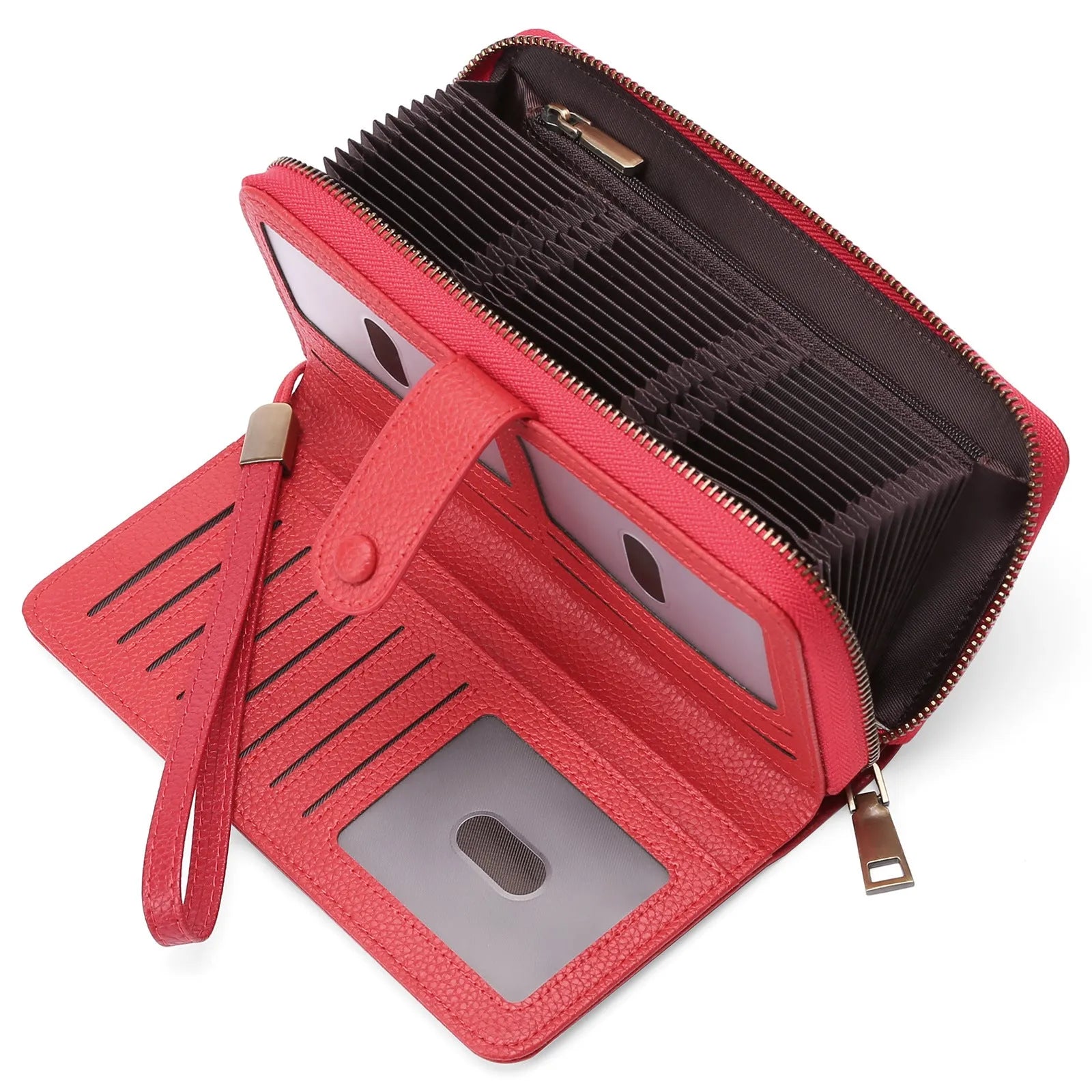 Expanding card holder women long wallet passport bag in light brown PU leather with anti-theft feature