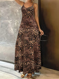 Dark brown leopard print sleeveless dress with round neck and hip skirt silhouette