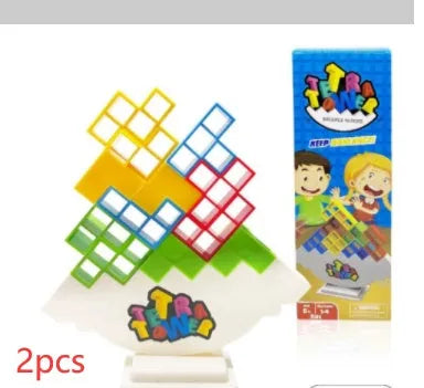 Plastic balance stacking board game with 16 colourful blocks on chassis and base