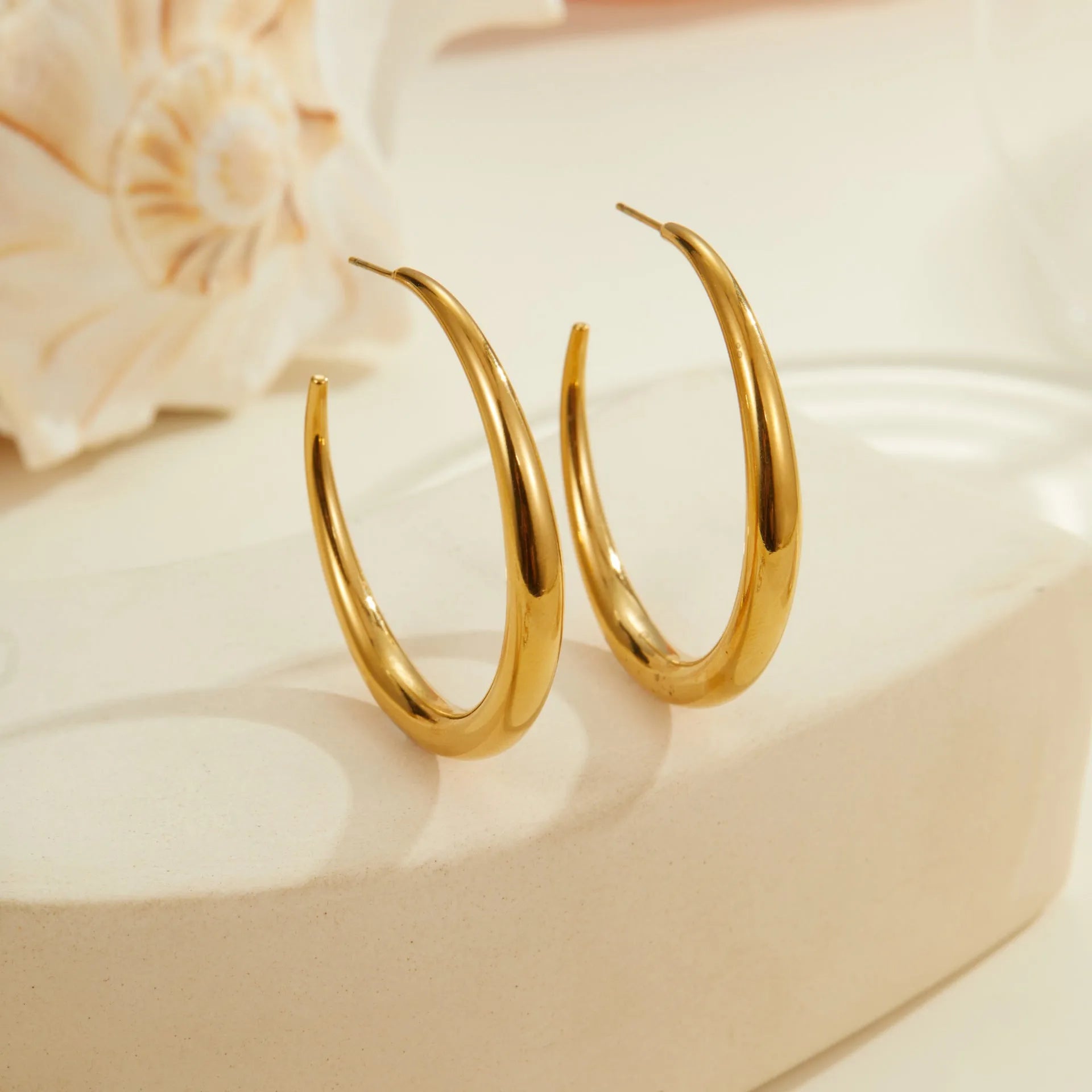 Titanium steel hoop earrings with geometric round design in gold and steel finish options