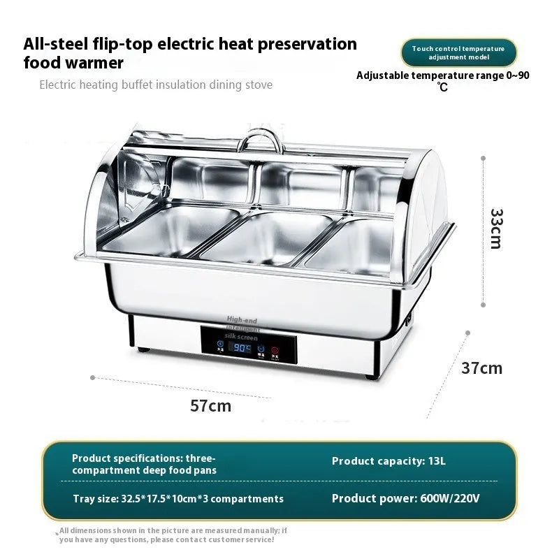 Stainless steel electric buffet food warmer with transparent flip lid and LCD control screen.