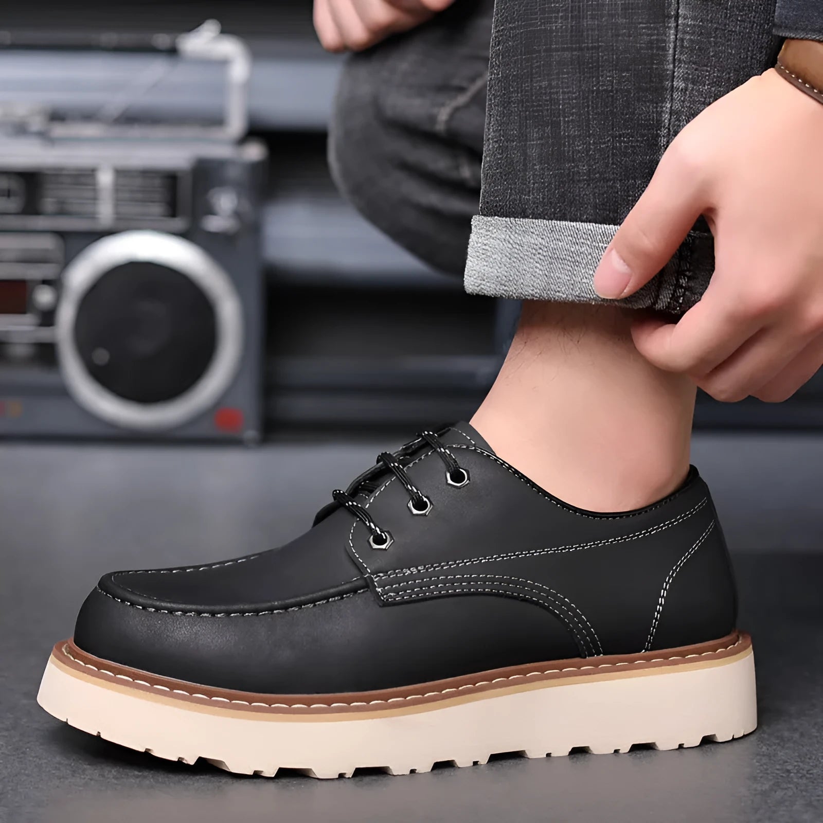 Men's black retro Martin boots with a low top, round toe, and non-slip rubber sole on a plain background.