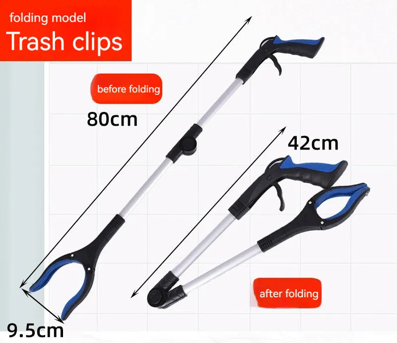 Foldable aluminium garbage pick-up clamp shown extended and collapsed, with magnetic sucker and coloured handle options.