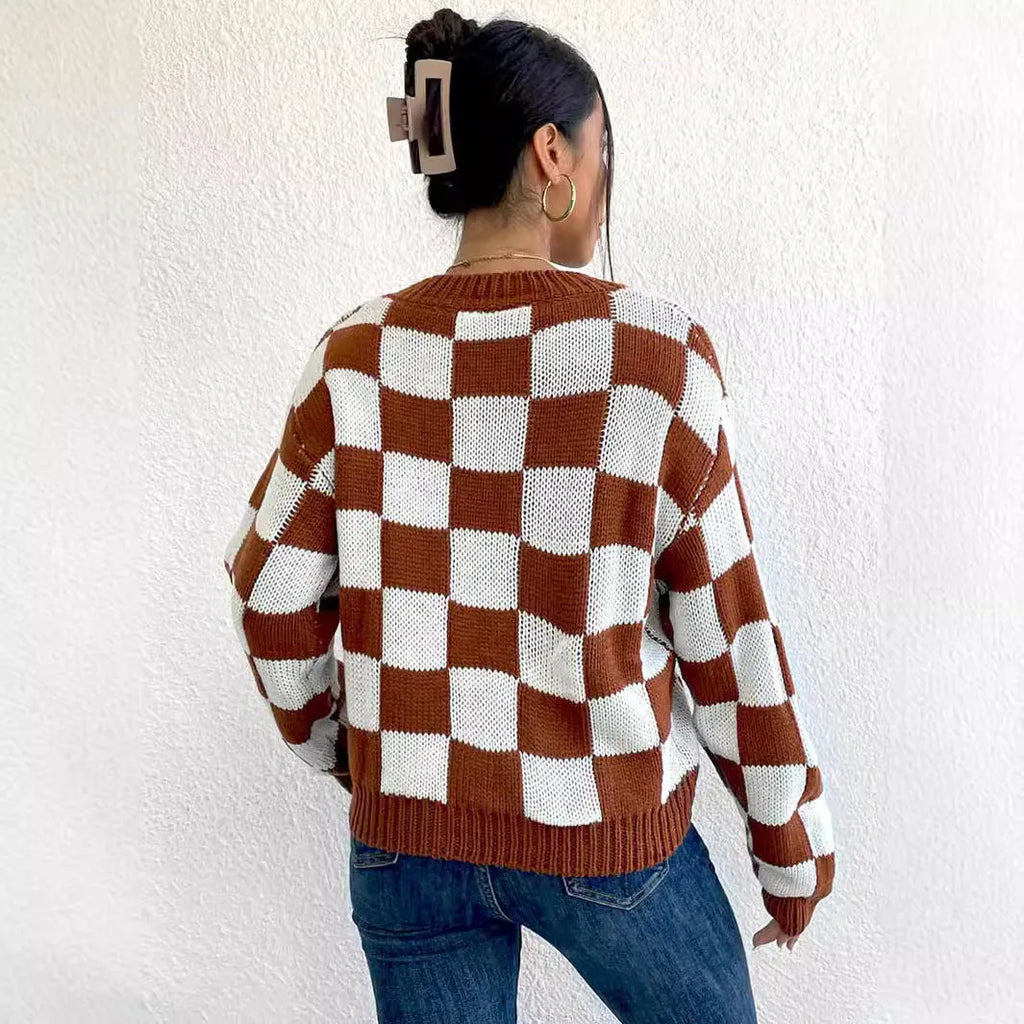 Dark brown acrylic sweater with a chessboard plaid pattern, loose fit, round neck, and long sleeves.