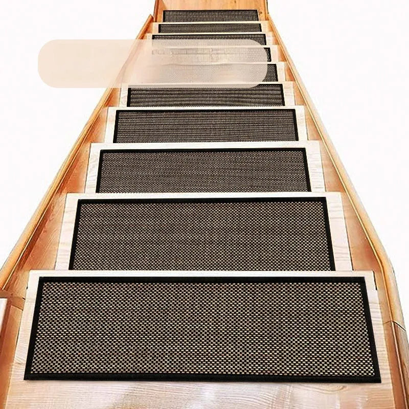 Japanese-style solid colour linen-look stair mat with rubber backing on a wooden step.