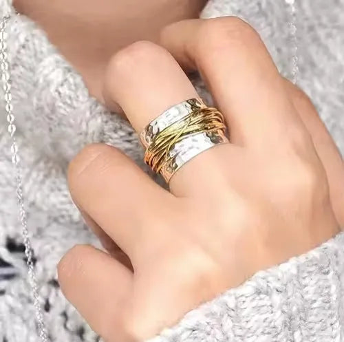 Two-tone hammered metal coil ring in alloy, sizes 6 to 10, electroplated finish