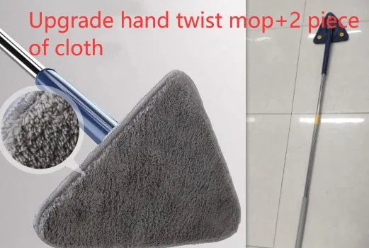 Blue extendable triangle cleaning mop with rotating head on stainless steel pole.