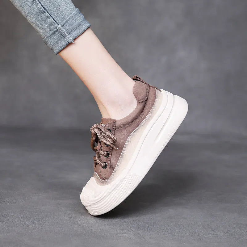Women's casual lace-up shoes in cameo brown and yellow featuring round toe and first layer cowhide upper