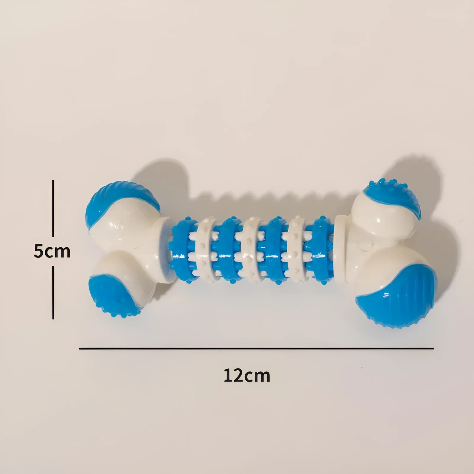 Blue bone-shaped interactive dog toy with treat holder for small breed teething and training