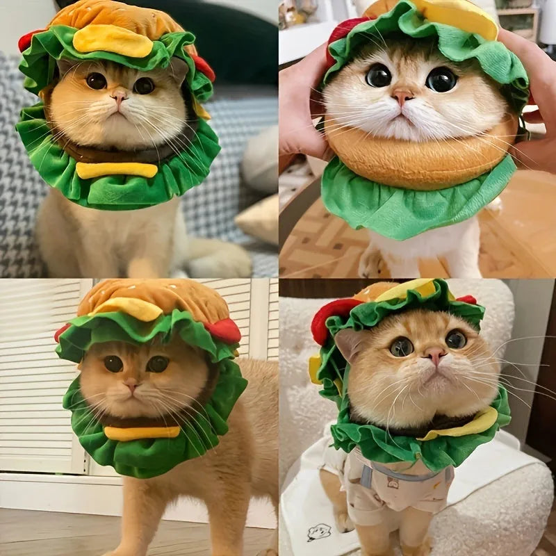 Cat wearing burger headdress collar with green lettuce and red tomato details and adjustable buckle closure