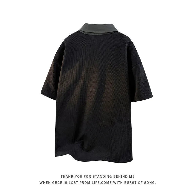 Men's black Henry collar polo shirt sweater with short sleeves and pullover design