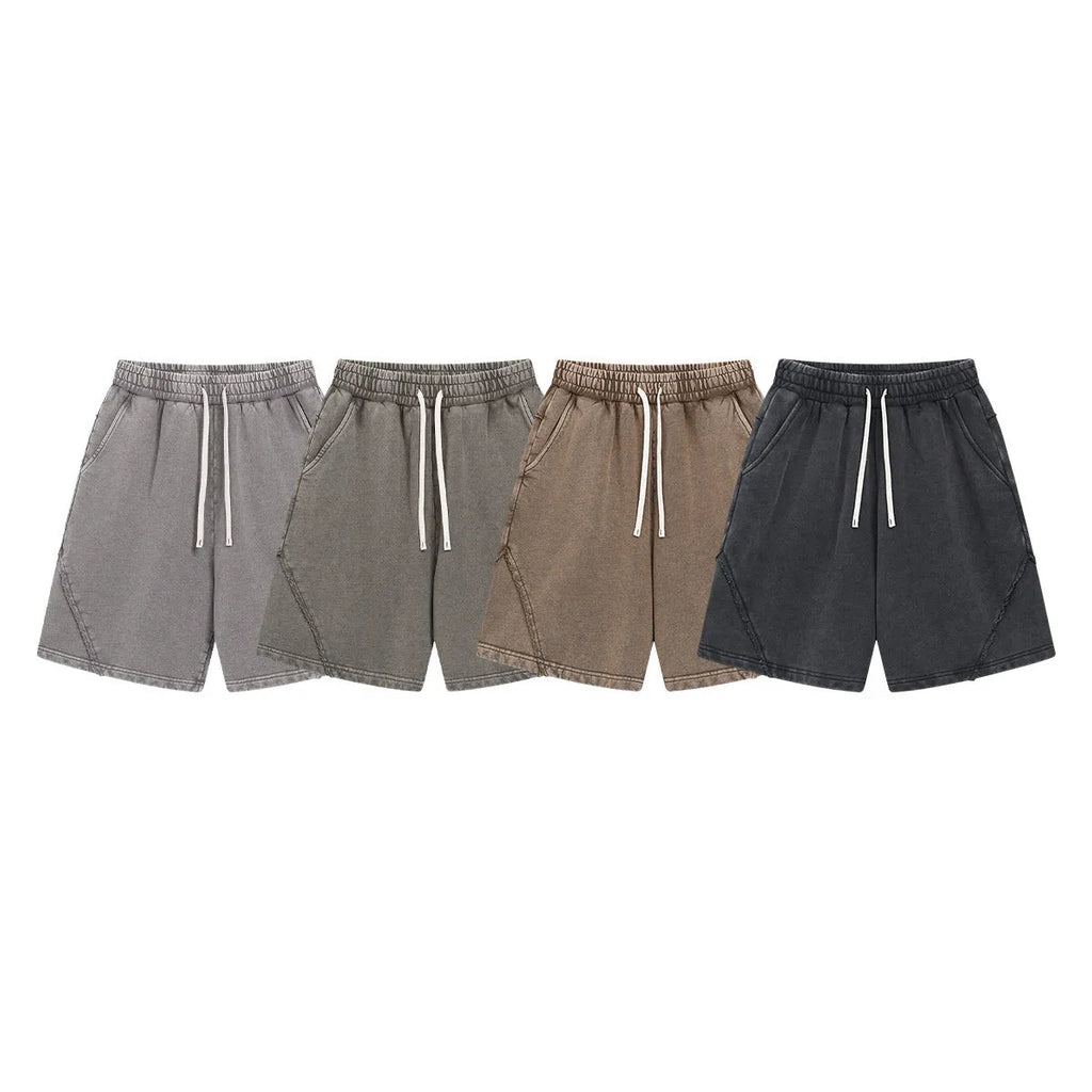 Men's loose fit batik washed patch craft retro shorts in pure cotton terry fabric showing street fashion style