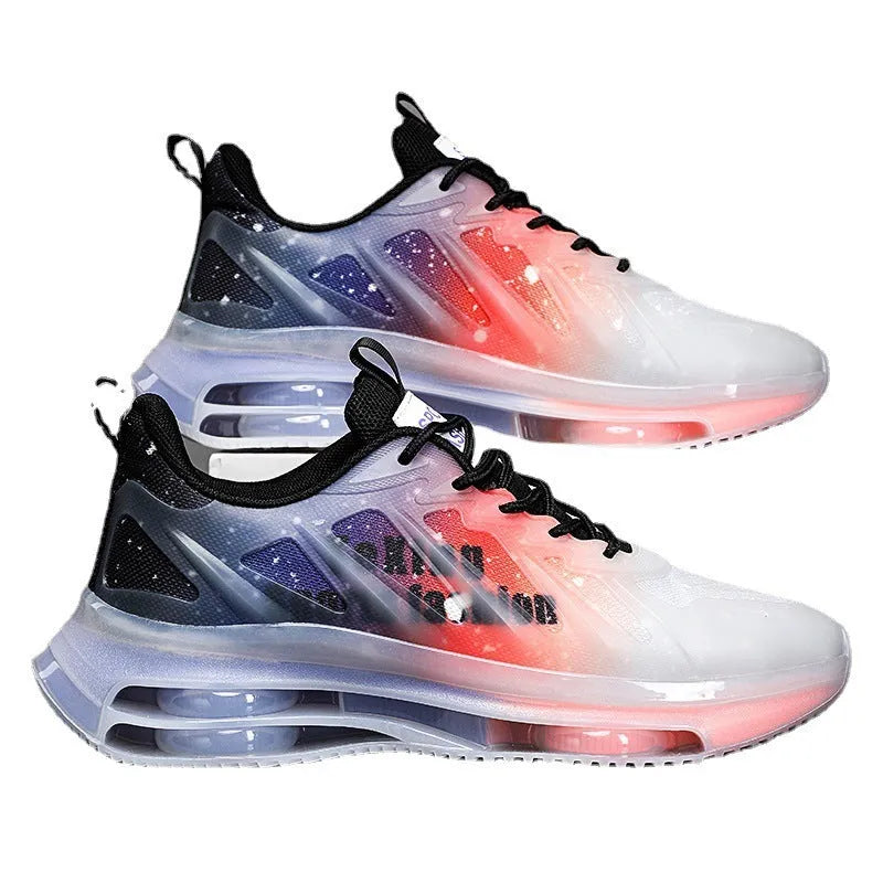 Men's black green and grey orange heightened platform casual running shoes with mesh upper and rubber sole.