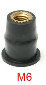 Black rubber expansion nut fasteners with brass inserts for motorcycle modifications in M4, M5, M6 sizes