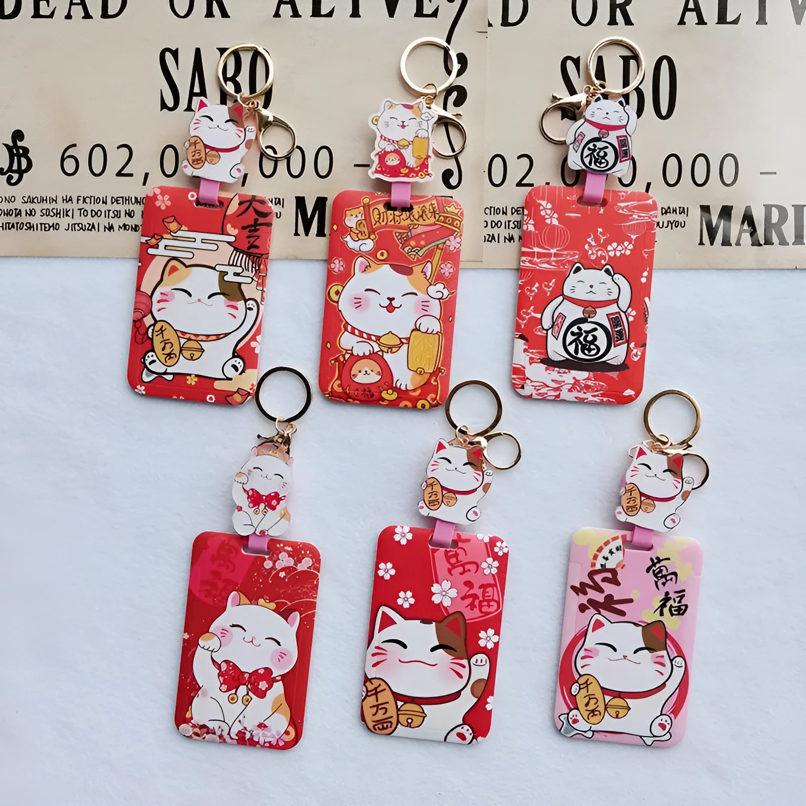 Cartoon lucky cat plastic card sleeve with hanging ferrule pendant for certificates.