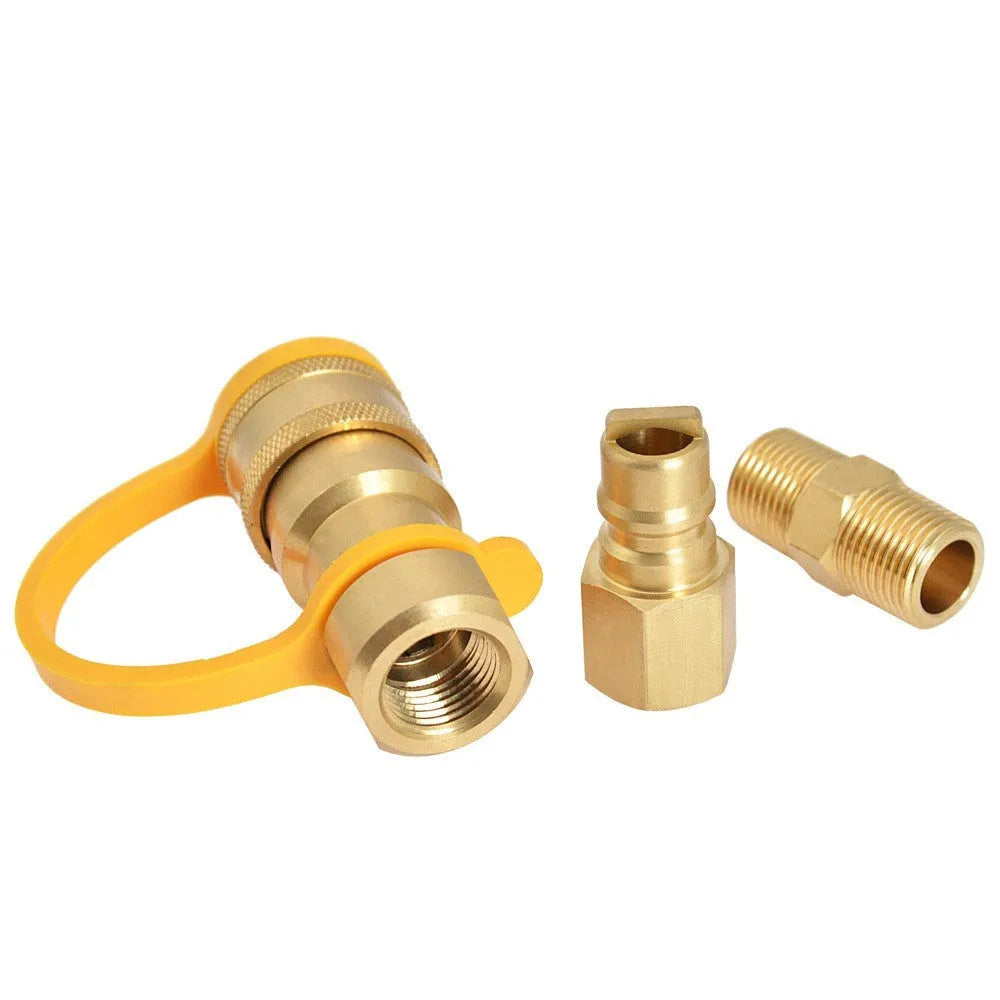Gold brass 3/8 propane tank conversion charging connector with visible threads