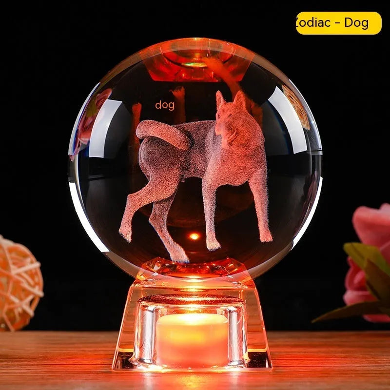 White crystal ball zodiac lamp with Chinese style design and electronic base showing zodiac symbol