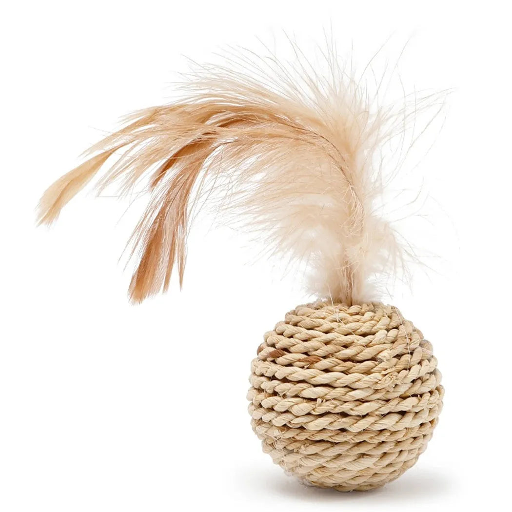 Two cat toys: hollow rattan ball and faux feather ball with bell for interactive play
