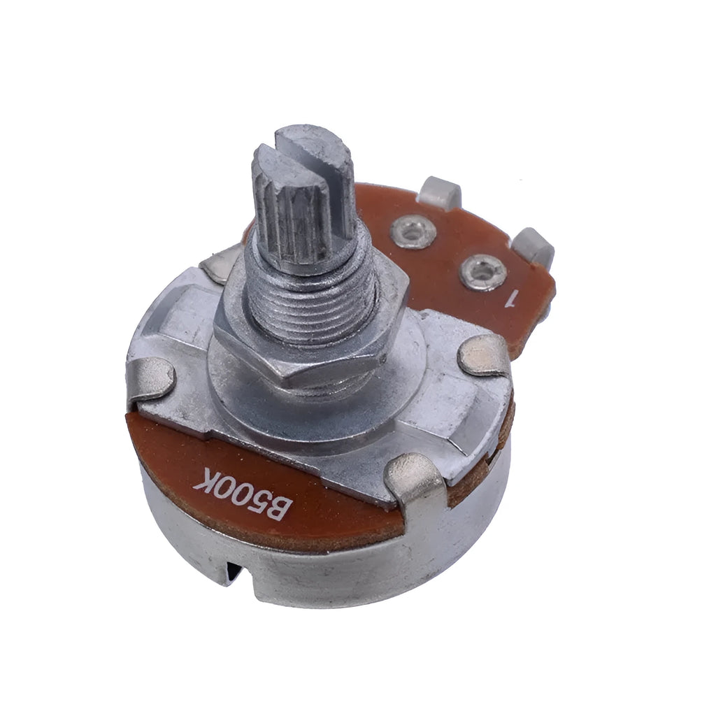 Metal electric guitar potentiometer knob for tone and volume controls.