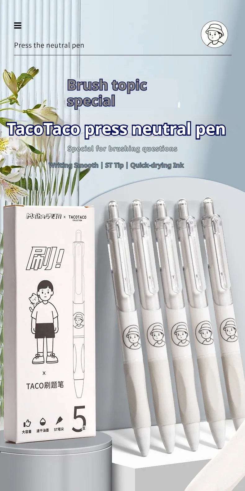 Five Taco brand ballpoint pens with 0.5mm black ink refills arranged together