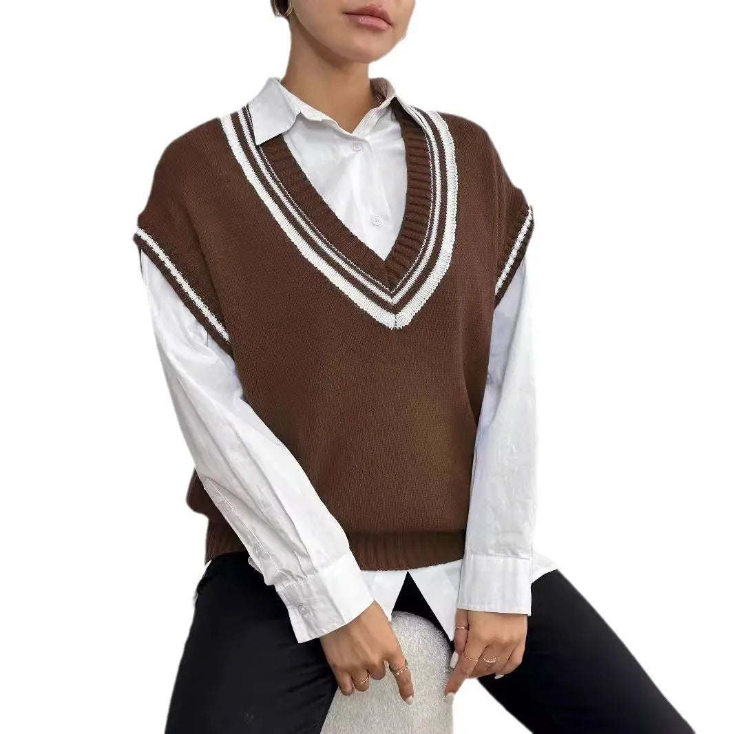 Blue loose women's wool vest sweater with a casual pullover design.