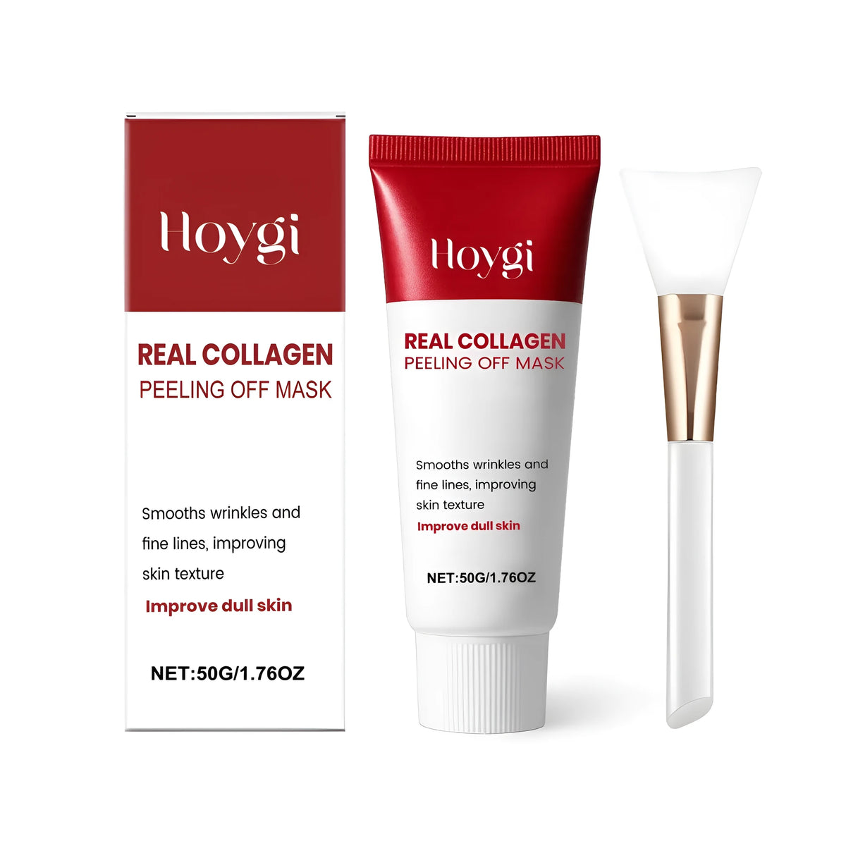 Collagen peel-off facial mask 50g with application brush on white background