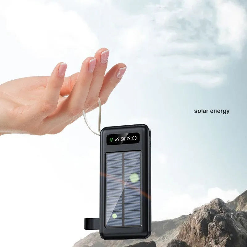 Cool black solar power bank with integrated solar panel showing capacity label and USB port.