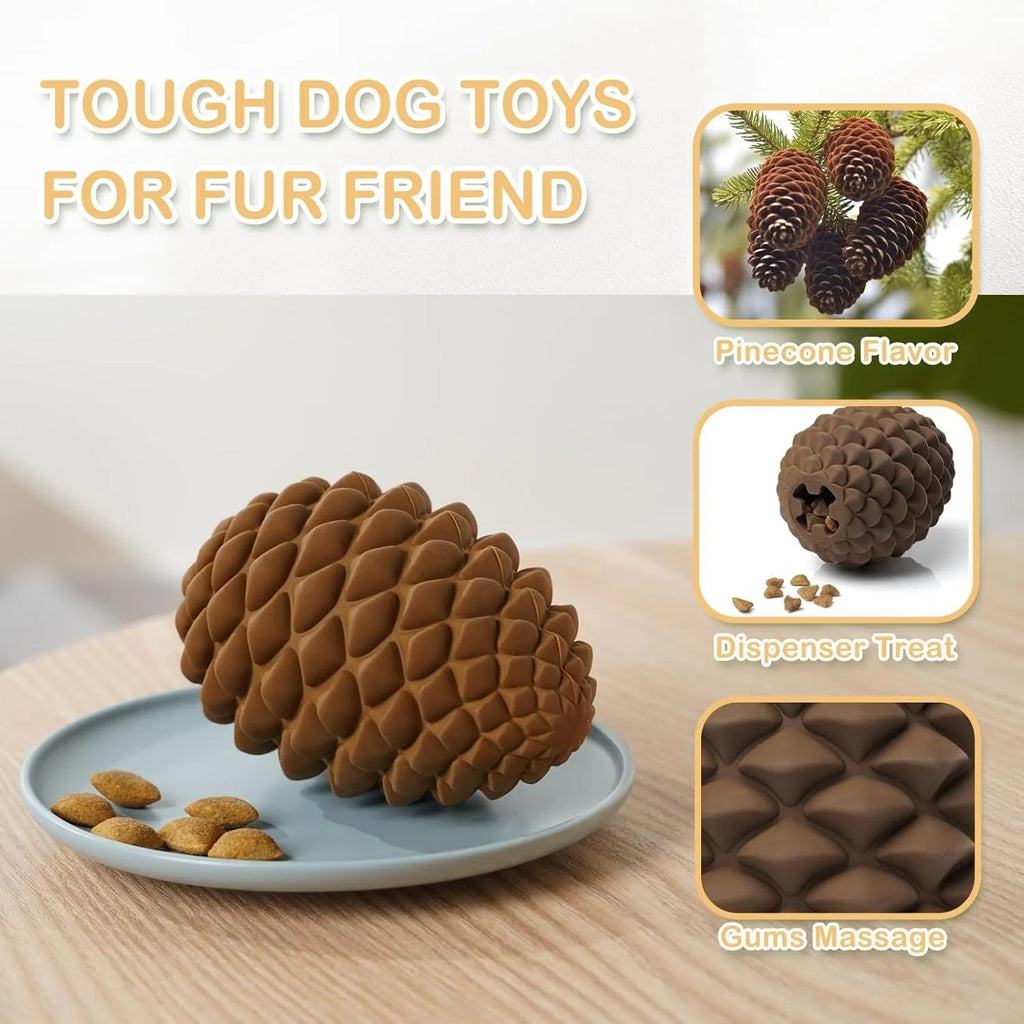 Yellow natural rubber pine cone-shaped dog toy with treat dispenser hole for medium and large dogs.