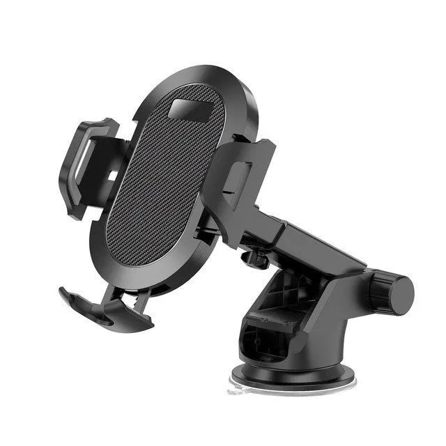 Auto-lock car phone holder in black with grey trim mounted on car air vent holding a smartphone