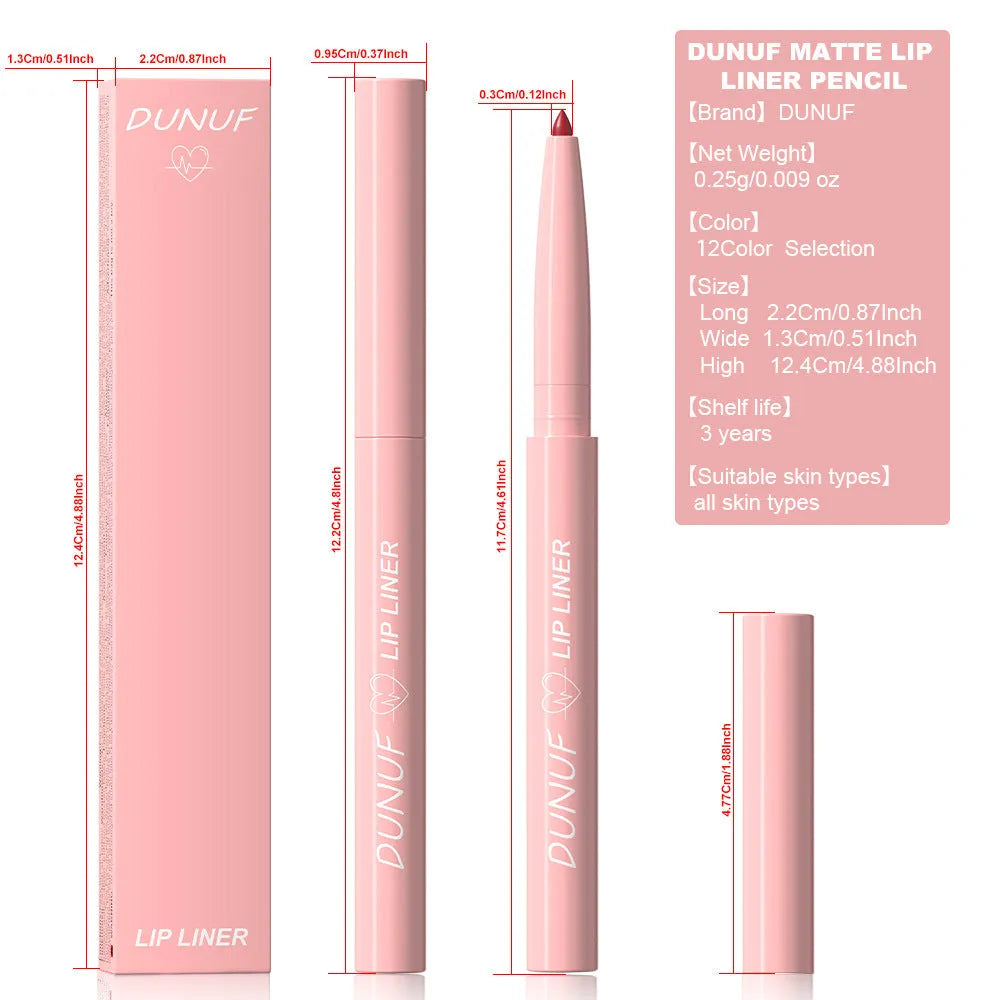 12 Colour Velvet Matte Lip Liner Pencils in assorted shades on a white background.