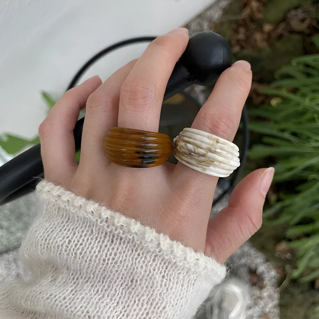 Chinese style irregular geometric resin ring with wide band design in Maillard brown colour