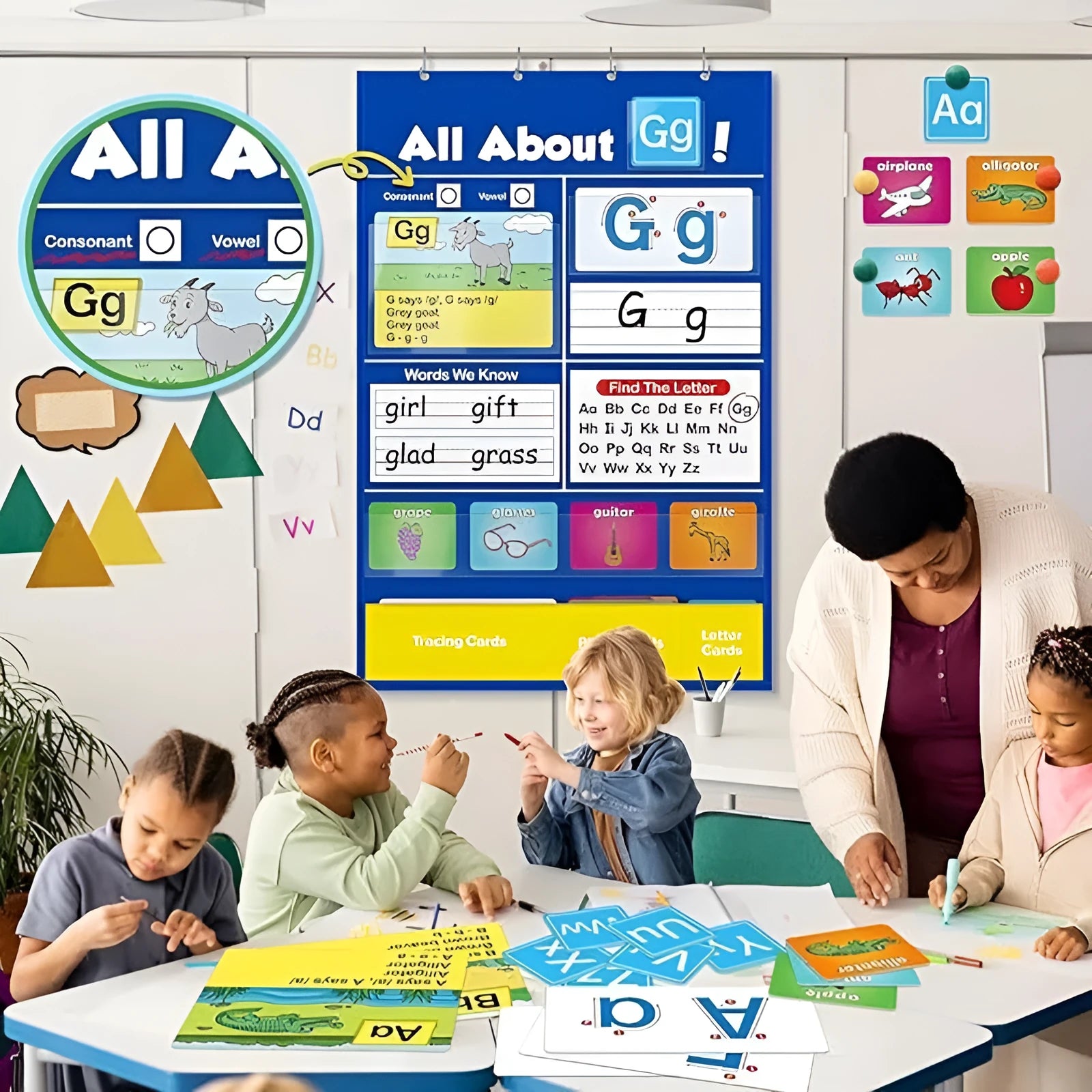 Children's alphabet learning sleeve chart with letter cards, word cards, and picture cards on a large 60x40 cm table mat.