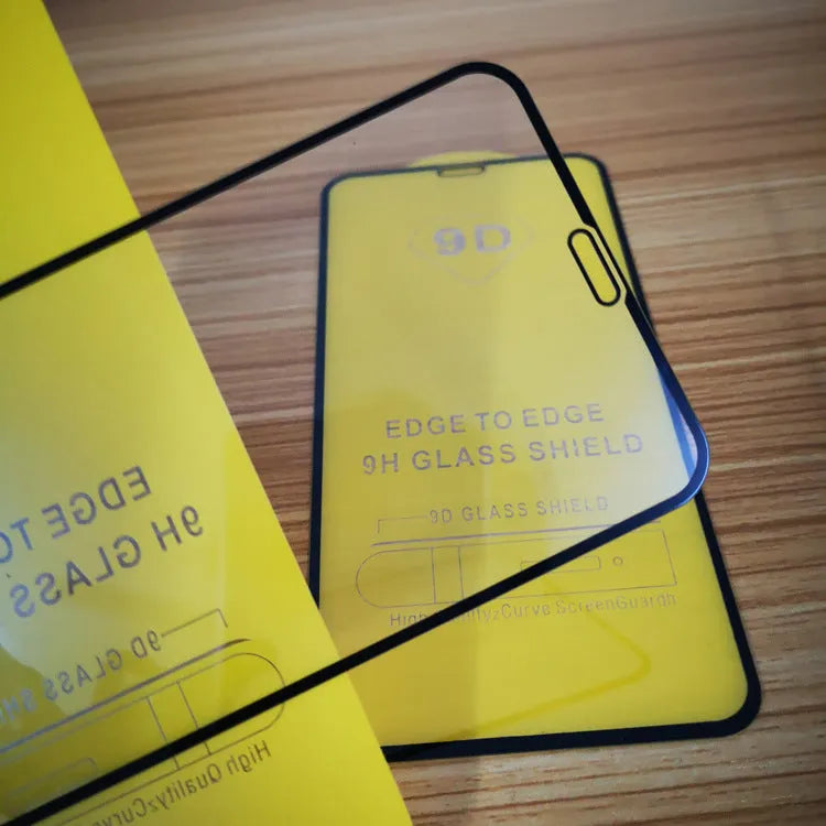Black full screen glass tempered film protector for Xiaomi smartphones on a white background