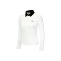 White slim-fit long sleeve women's golf top on a hanger