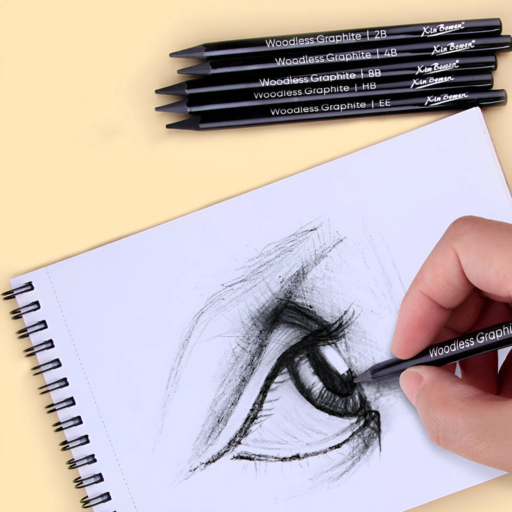 Set of six wood-free graphite sketching pencils with grades HB, 2B, 4B, 6B, 8B, and EE for art drawing.