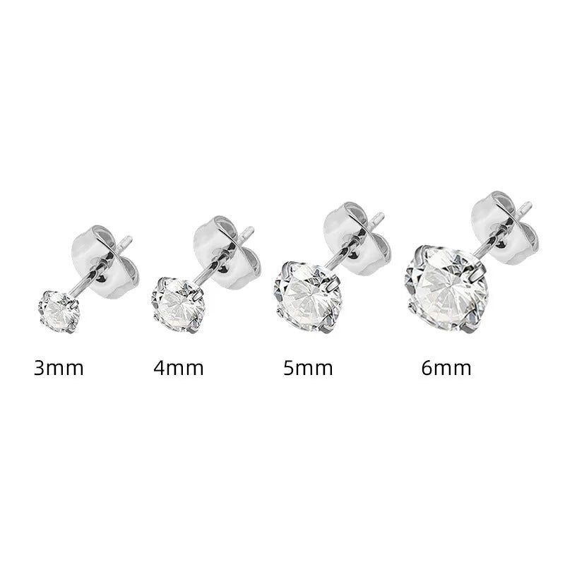 Square geometric zircon stud earrings with titanium steel post in gold and steel colour finishes.