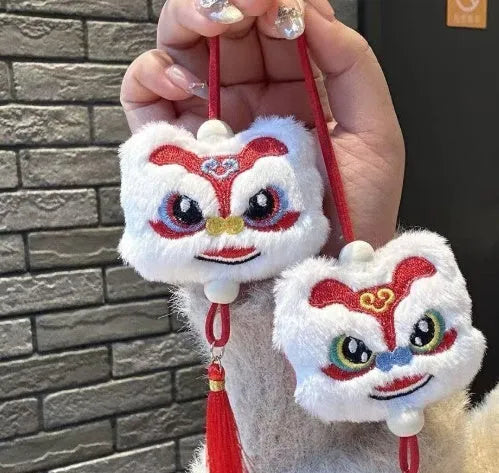 Chinese style handmade plush lion tassel keychain with star stone decoration in blue or yellow colour