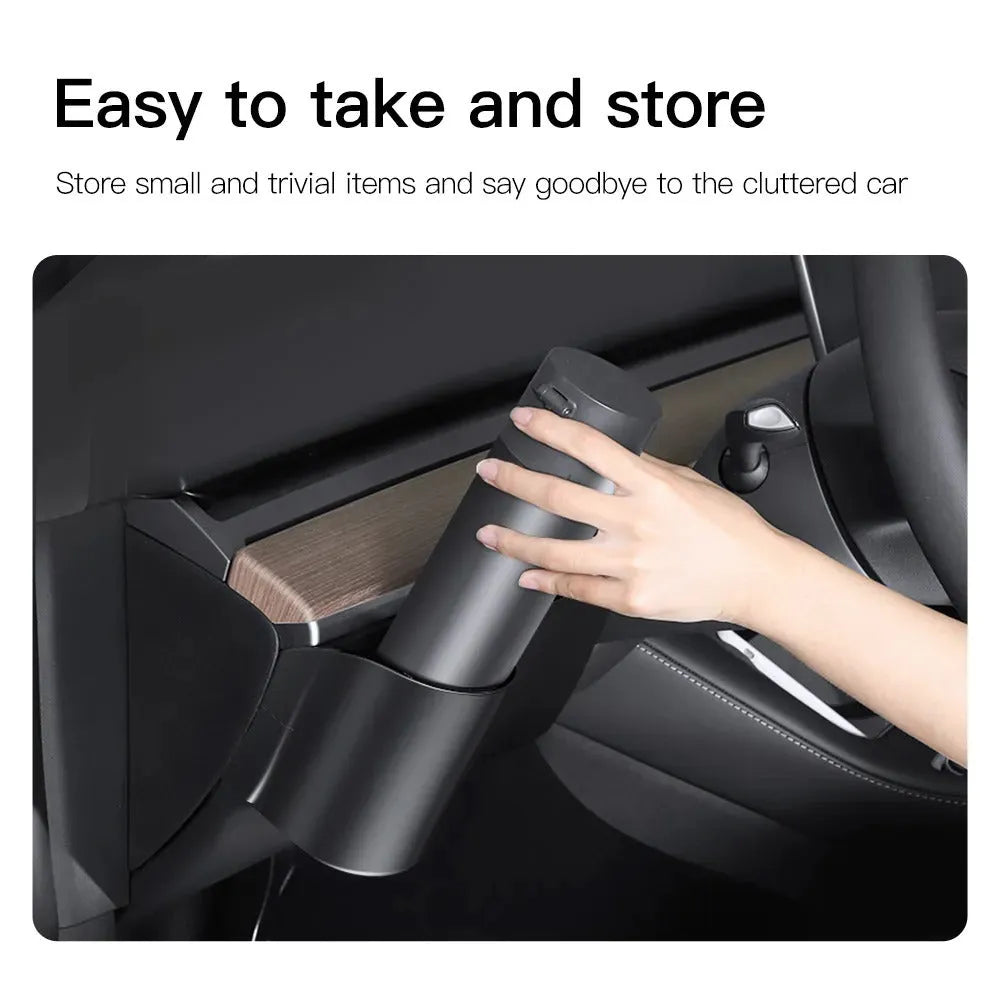 Plastic Tesla Model 3 and Y dashboard cup holder with a handle for left-hand drive cars.