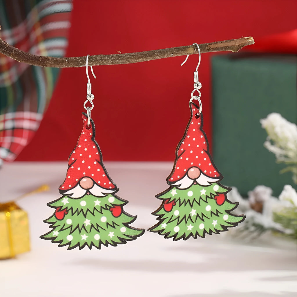 Wooden Christmas earrings with printed geometric designs featuring Santa Claus elements
