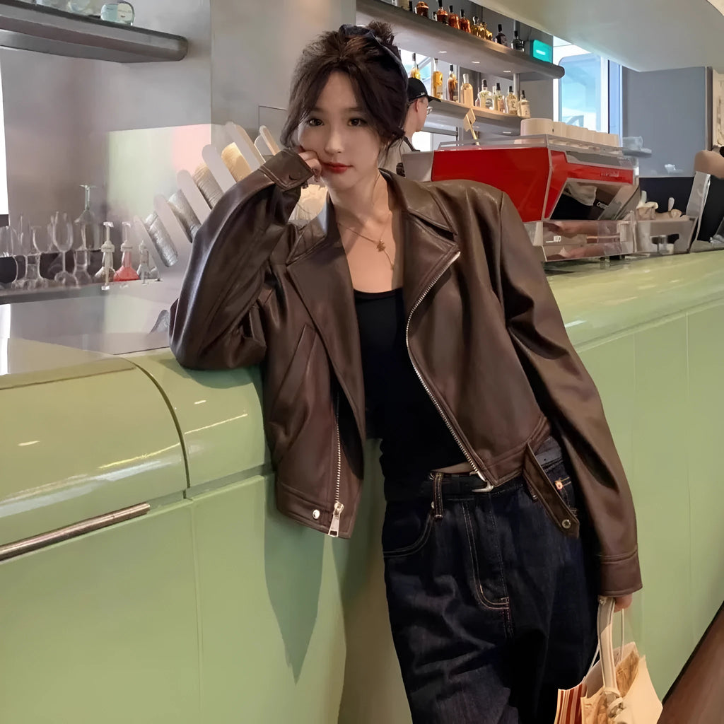 Women's brown retro imitation leather jacket with slim fit and pocket detailing