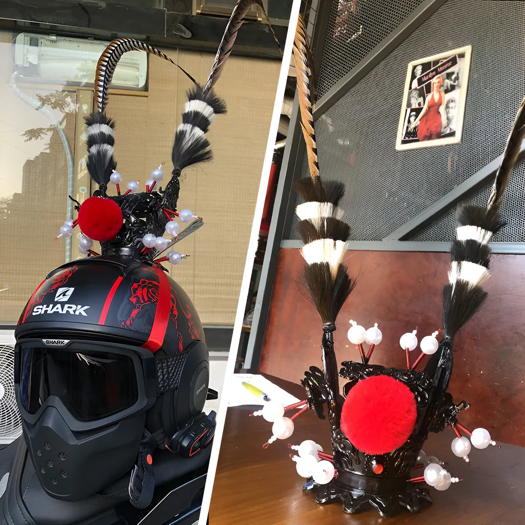 Black crown motorcycle helmet decoration with long gold quill feather plume