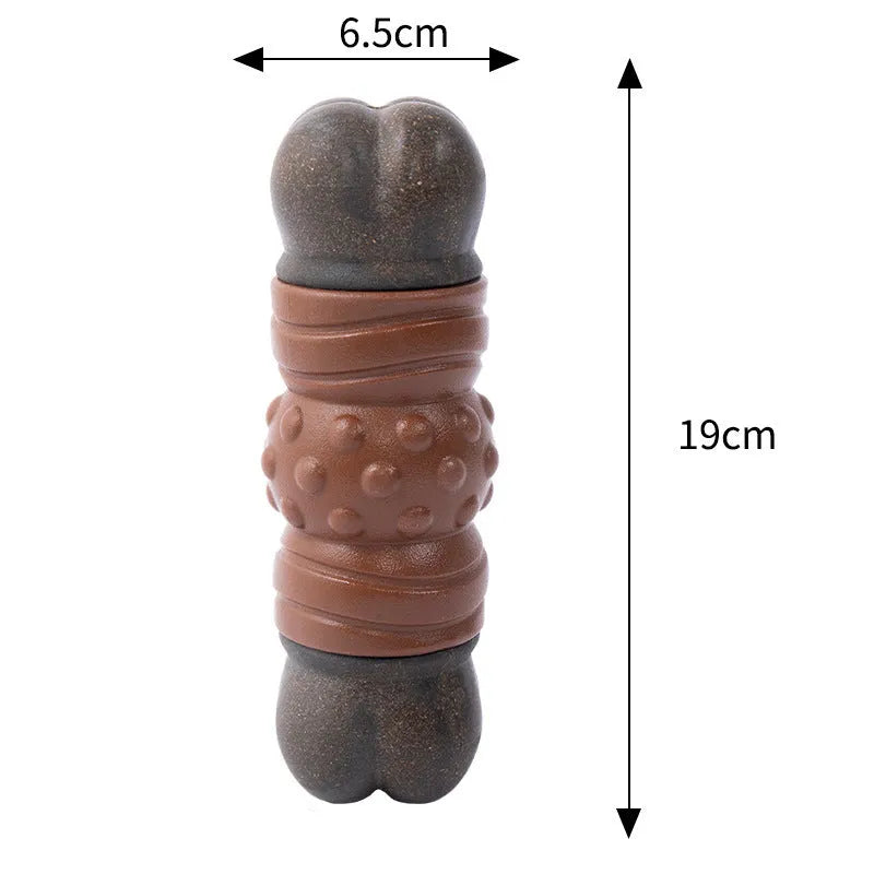 Large brown branch-shaped dog chew toy with a bacon flavour and squeaker for aggressive chewers.