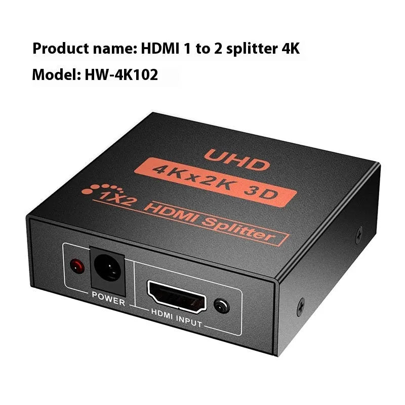 HDMI distribution amplifier splitter with one input and two output ports for 4K video